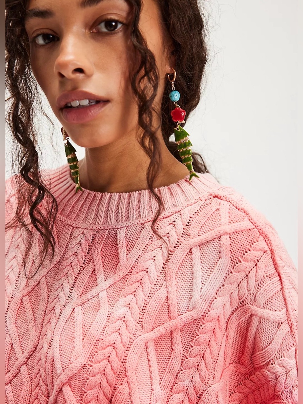 NWT Free People XS Washed Ashore Cable Knit Sweater in Pink Rose New Oversized - Picture 3 of 5